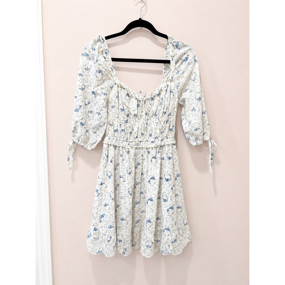 Storia Cottagecore Floral Mini Dress Women's Small White Blue Smocked Prairie